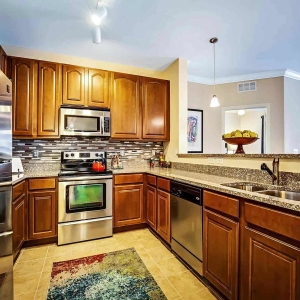 Visconti at Westshore 2 bedroom model home kitchen with stainless appliances, tile backsplash and granite counters