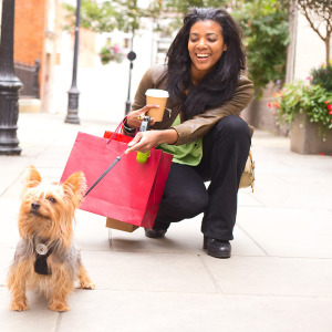 Beautiful smiling woman walking her yorkie and shopping