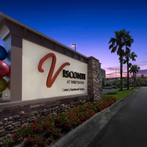 Exterior view of main property sign Visconti at Westshore Luxury Apartment Homes