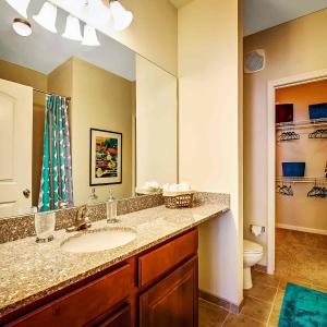 Large bathroom of model home with single sink granite vanity and walk in closet